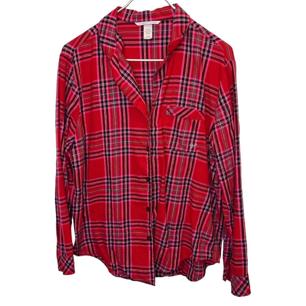 Victoria's Secret Red Plaid Long Sleeve Button Up Pajama Top S